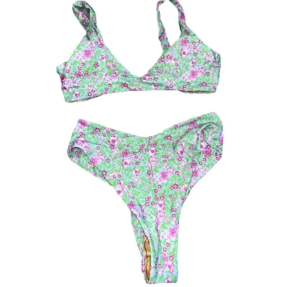 Womens‎ Ruched Swimsuits Bikini Set High-Cut Bottom Small Green Floral Stretch